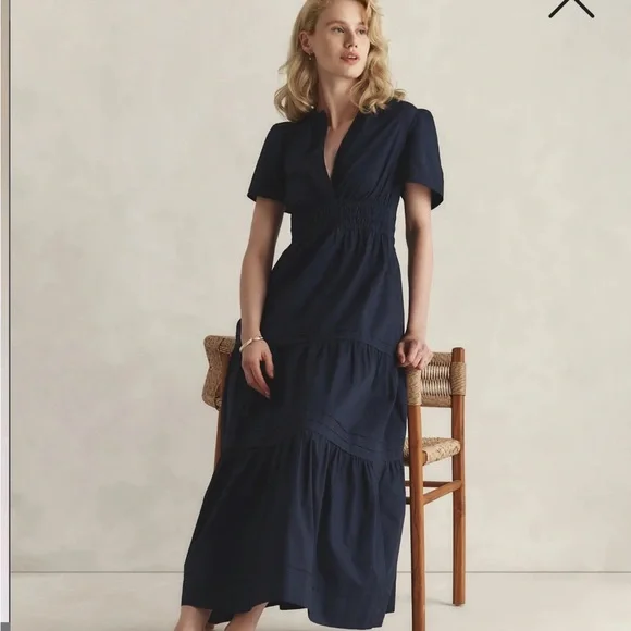 Quince Womens 100% Organic Cotton Poplin Tiered Maxi Dress Navy Basic Sleeved - Picture 2 of 3